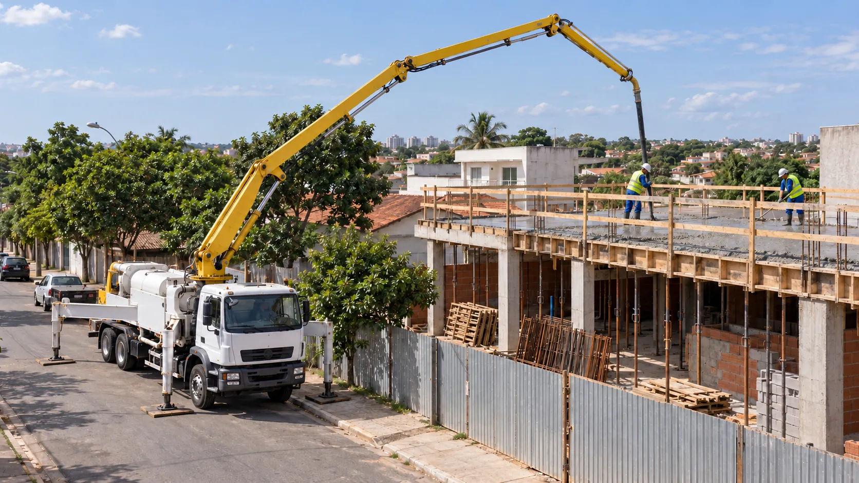 Bomba lança concretando a laje de um sobrado