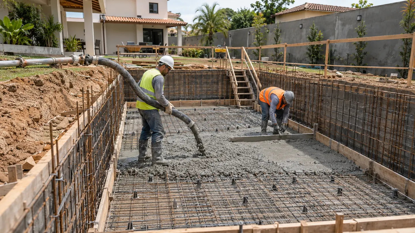 Concreto lançado com mangote no fundo armado de uma piscina