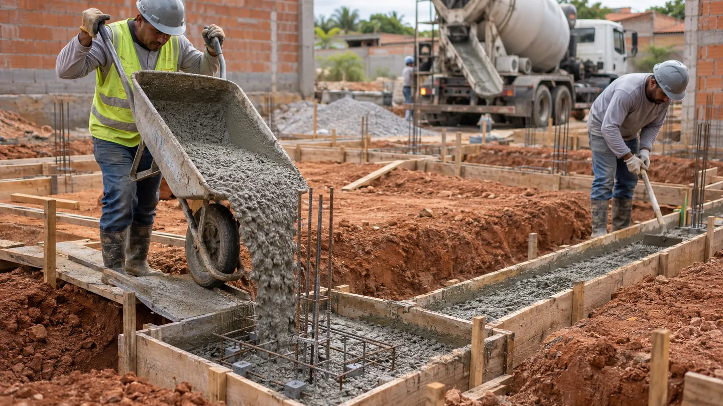 Operário despejando concreto do carrinho de mão na forma do baldrame