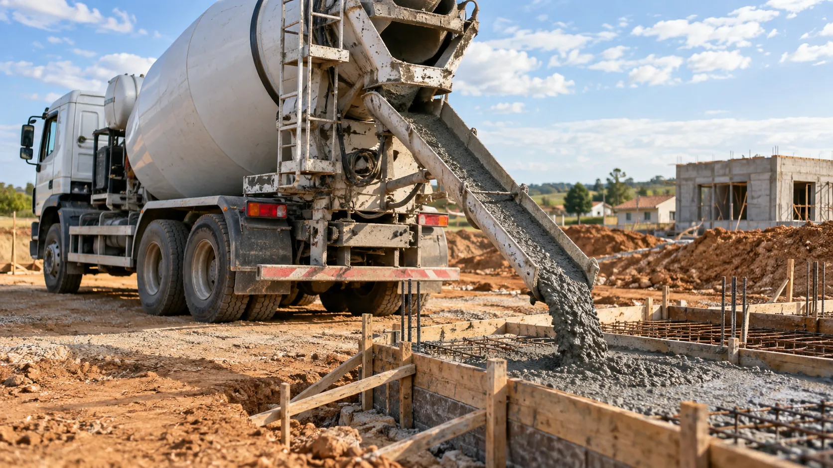 Caminhão betoneira despejando concreto pela calha nas formas de madeira da fundação