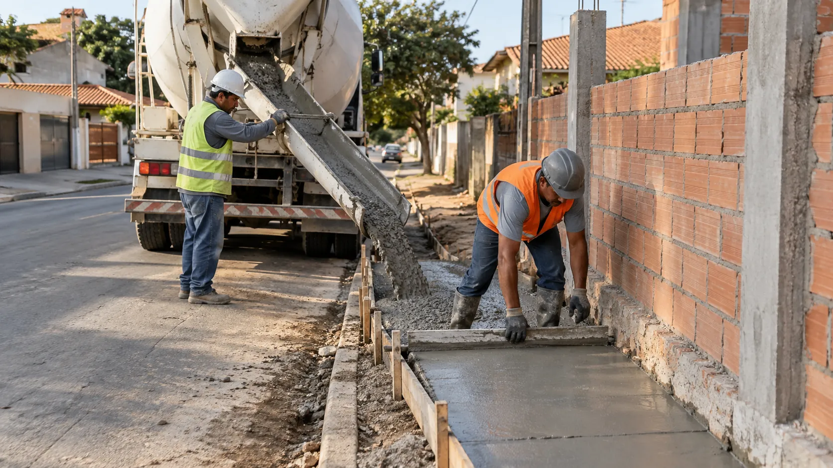Betoneira na rua despejando concreto para a calçada junto ao muro de blocos