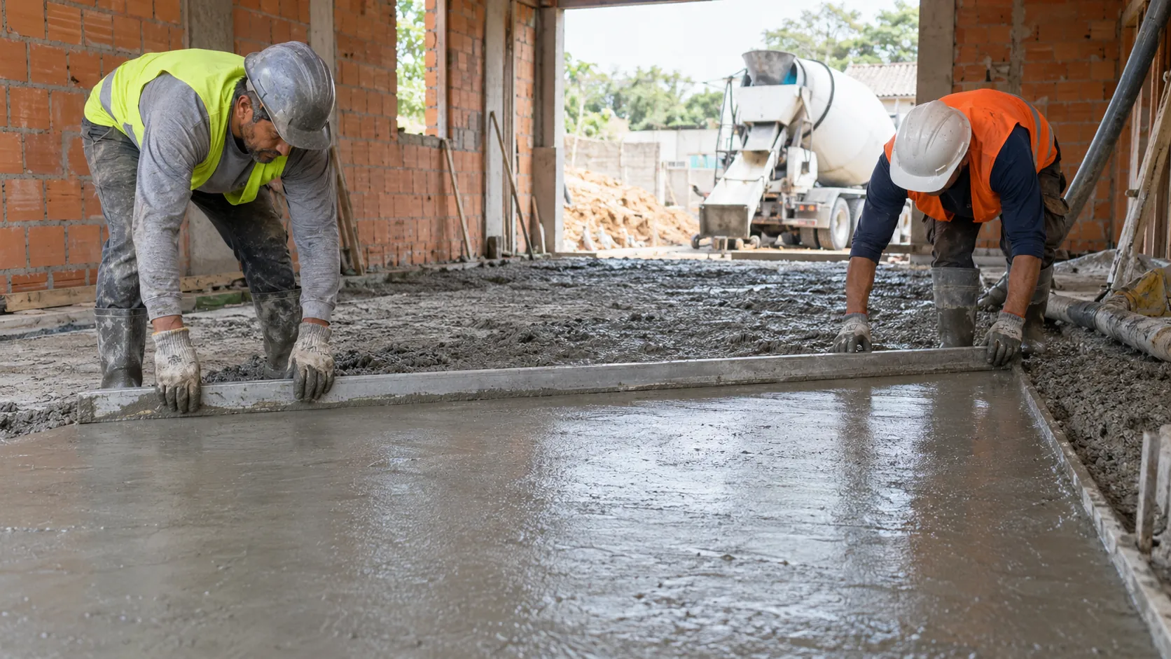 Operários nivelando concreto fresco do contrapiso com régua de alumínio